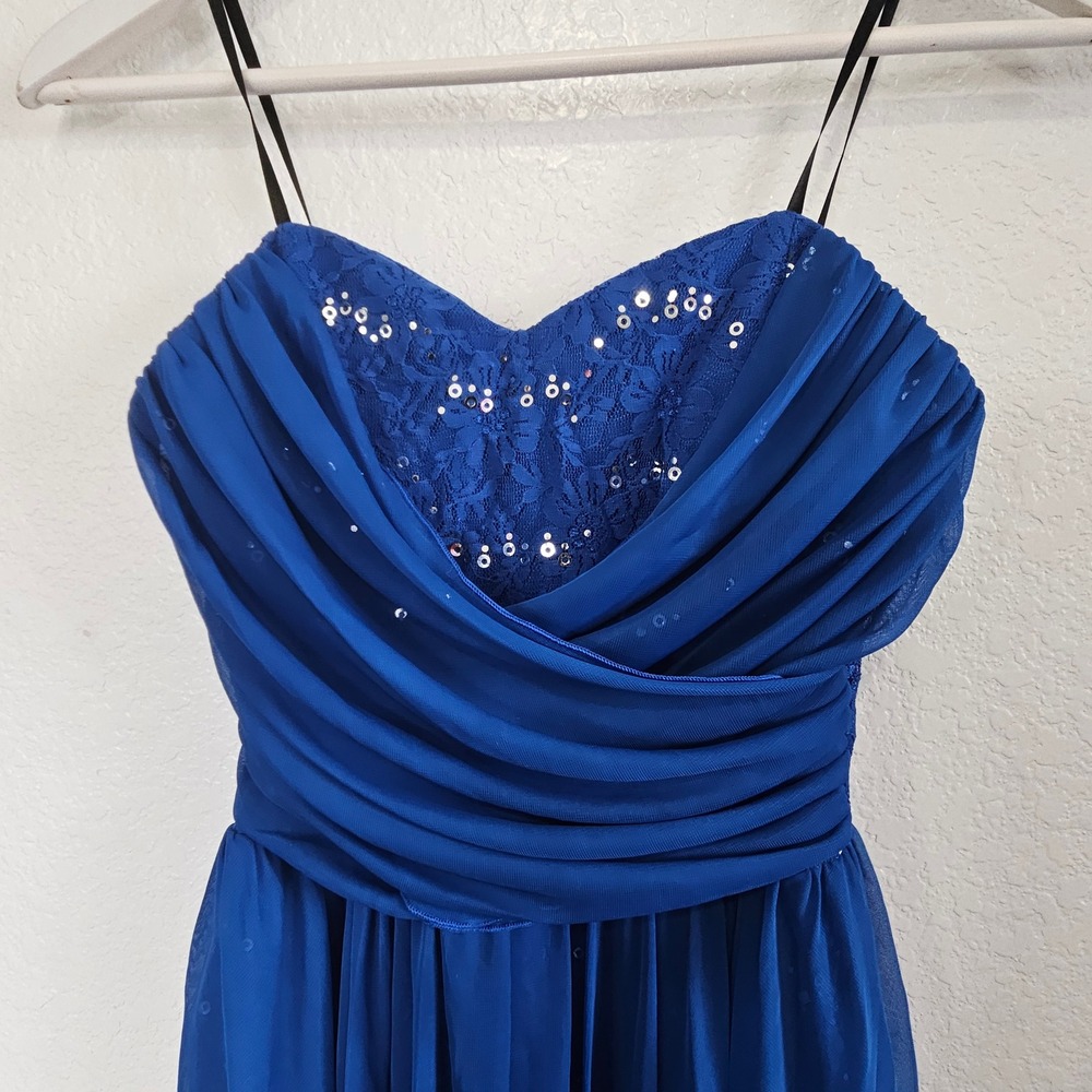 City Triangles Royal Blue Sequin Lace Hi Low Spaghetti Strap Dress Size 5 - Picture 3 of 6